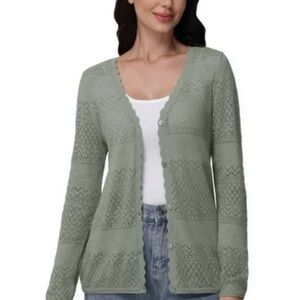Frye Soft Cotton Pointelle Seagrass / Sage Green Cardigan Sweater - Size L - NWT